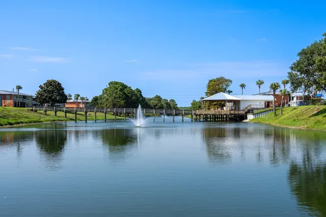 Pond with fountain and gazebo