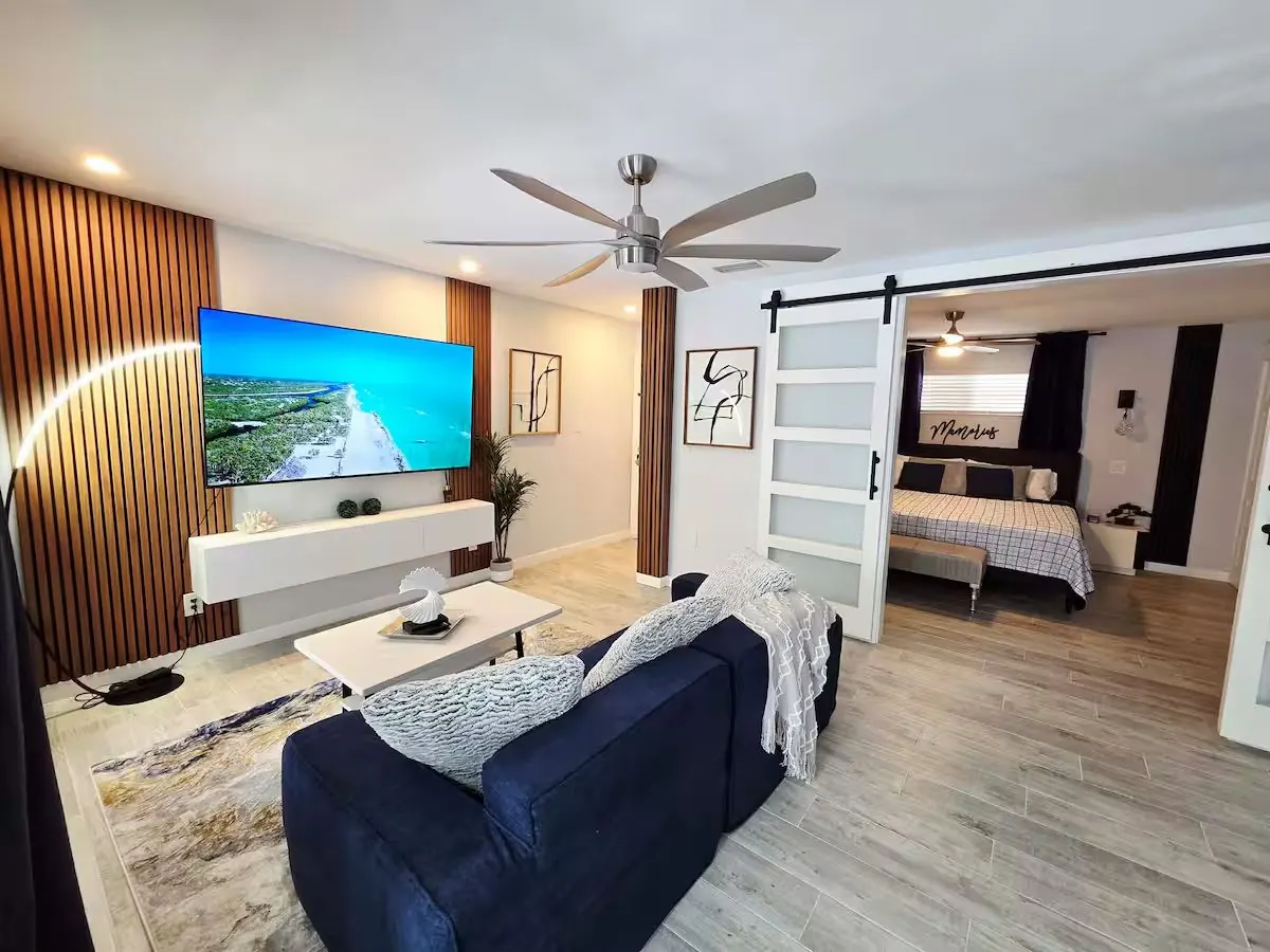 Living room with smart TV and modern decor