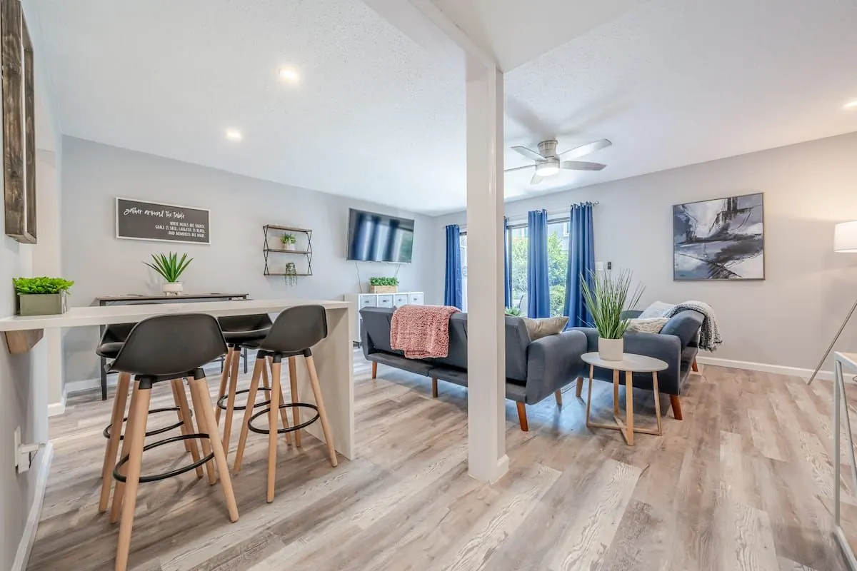 Living area with breakfast bar seating